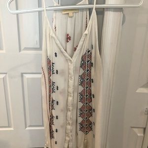 White v neck button down with red and blue design